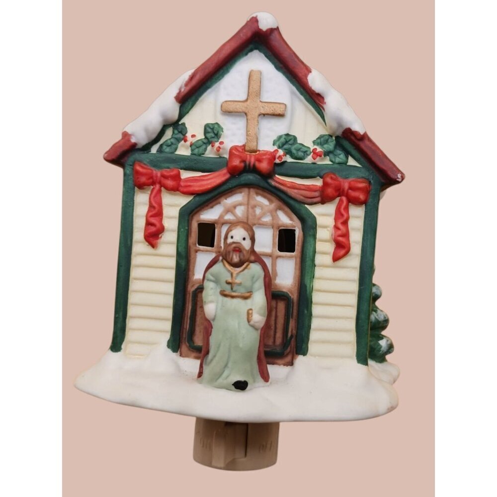 Ceramic Christmas Chapel Night Light With Plug-In Feature